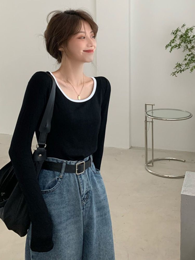 MR 实价 高弹螺纹 长袖t恤女锁骨秋装内搭打底衫短款上衣i