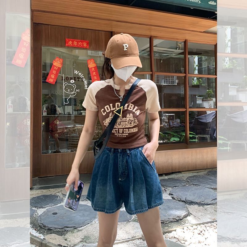 美式复古短款短袖t恤女夏修身撞色设计感正肩紧身上衣夏季