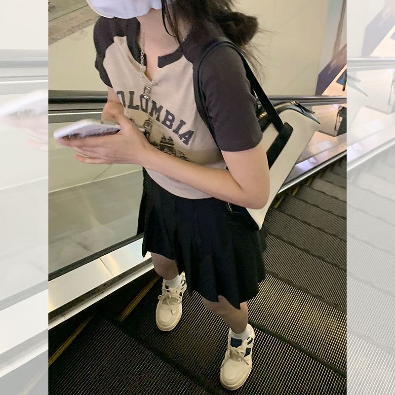 美式复古短款短袖t恤女夏修身撞色设计感正肩紧身上衣夏季