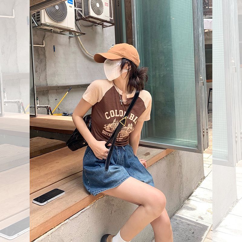 美式复古短款短袖t恤女夏修身撞色设计感正肩紧身上衣夏季