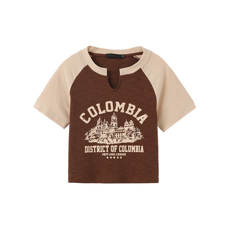 美式复古短款短袖t恤女夏修身撞色设计感正肩紧身上衣夏季