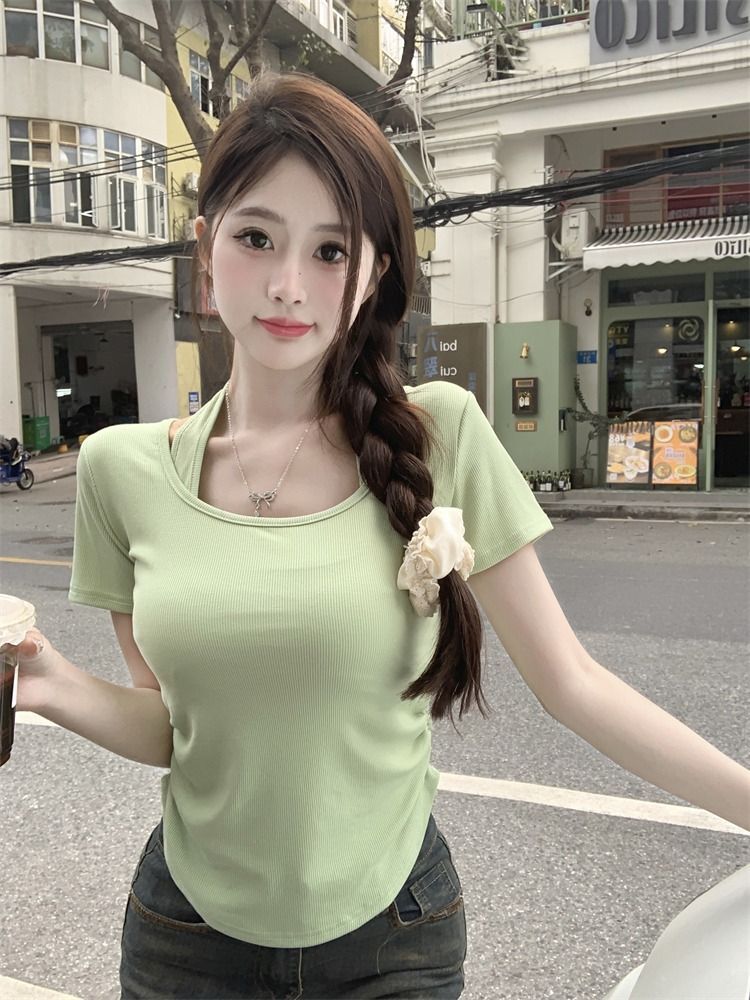 纯欲风假两件正肩T恤性感辣妹短款体恤纯色圆领显瘦上衣