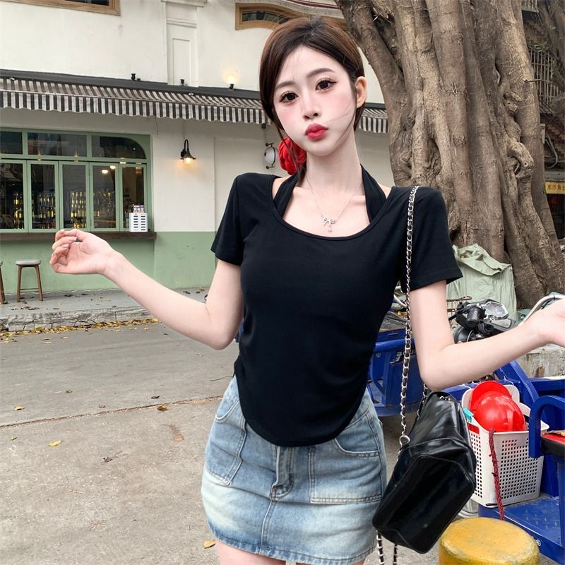 纯欲风假两件正肩T恤性感辣妹短款体恤纯色圆领显瘦上衣