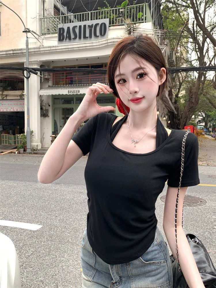 纯欲风假两件正肩T恤性感辣妹短款体恤纯色圆领显瘦上衣