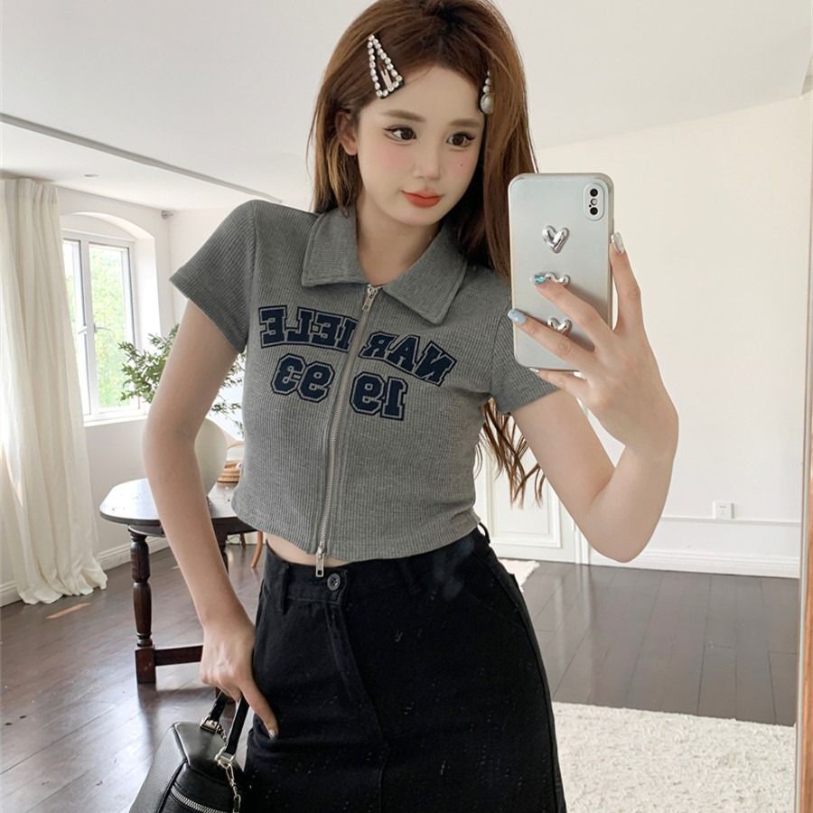 MR 原版做法 美式开衫正肩t恤女夏学院风显瘦遮肉POLO衫