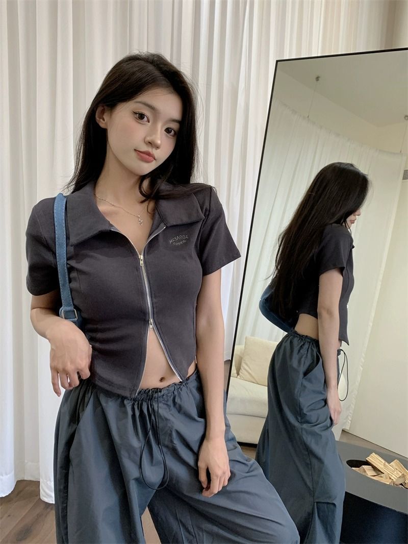 【现货】韩版polo领t恤女夏季双拉链设计感小众小个子修身短