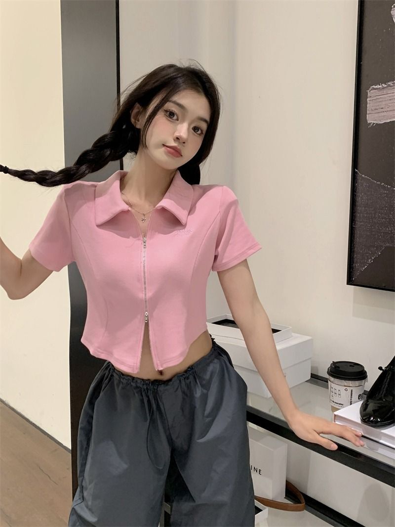 【现货】韩版polo领t恤女夏季双拉链设计感小众小个子修身短