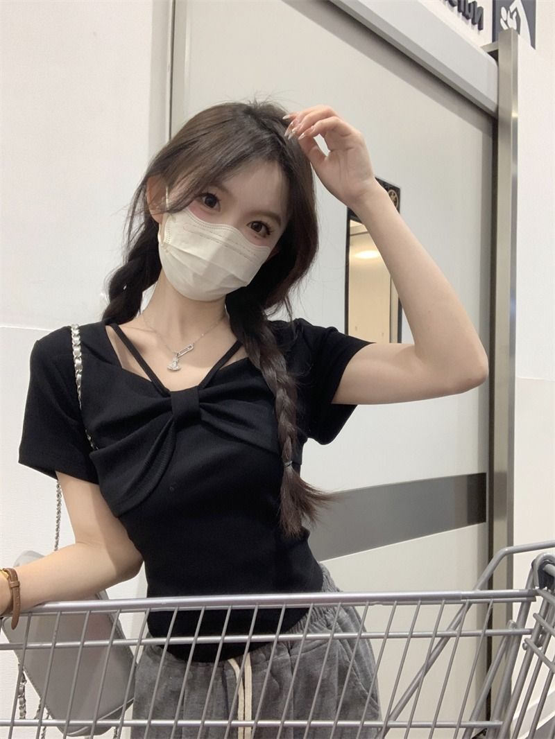 设计感小众别致T恤夏季2023新款蝴蝶结修身显瘦短袖女装辣妹