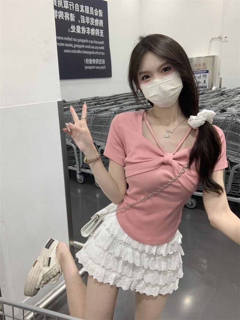 设计感小众别致T恤夏季2023新款蝴蝶结修身显瘦短袖女装辣妹