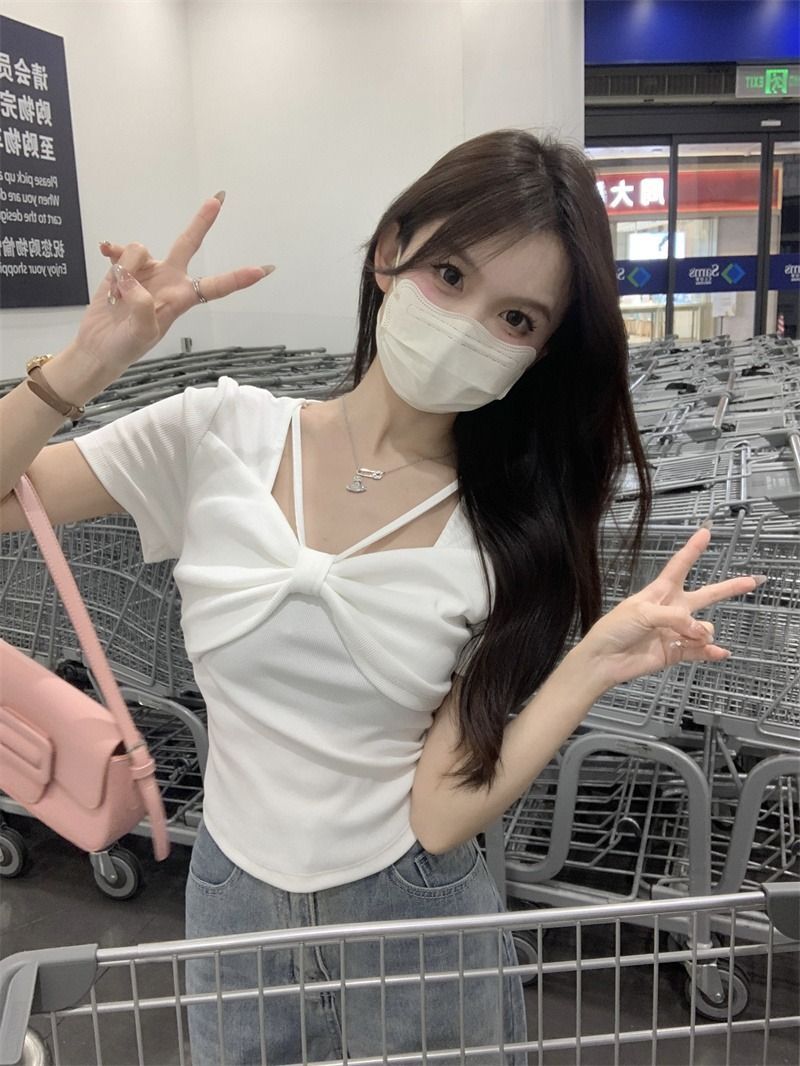 设计感小众别致T恤夏季2023新款蝴蝶结修身显瘦短袖女装辣妹