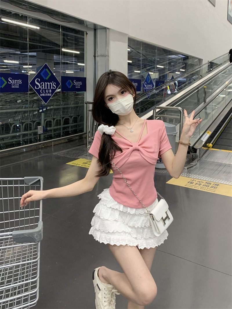 设计感小众别致T恤夏季2023新款蝴蝶结修身显瘦短袖女装辣妹