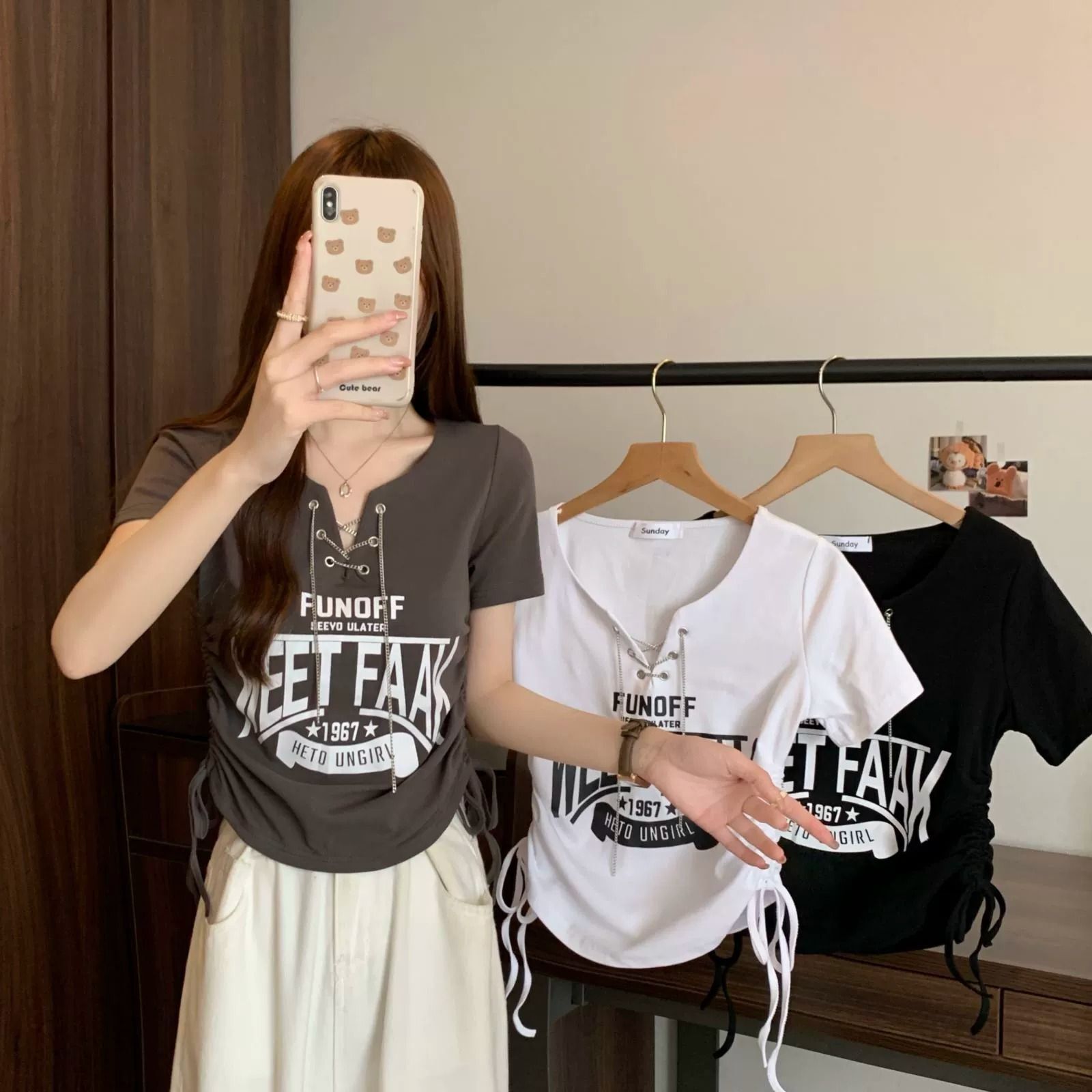 官图 美式复古印花V领短袖T恤女新款夏季MM抽绳短款辣妹上衣