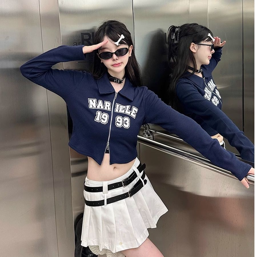 秋美式辣妹拉链设计感正肩长袖T恤上衣短款外套修身开衫女