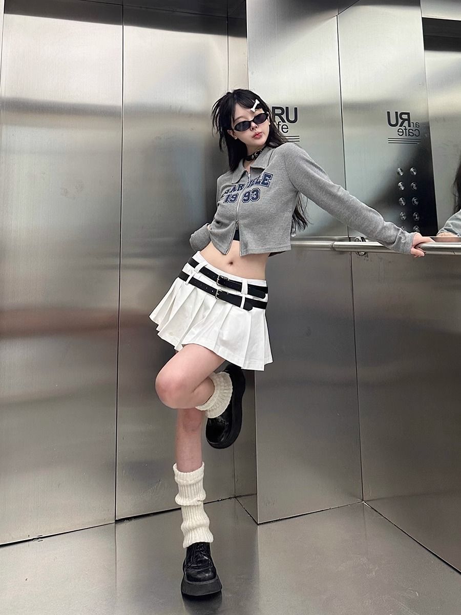 秋美式辣妹拉链设计感正肩长袖T恤上衣短款外套修身开衫女