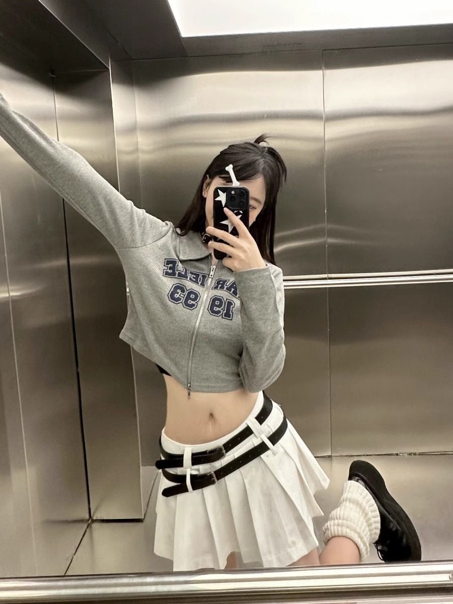 秋美式辣妹拉链设计感正肩长袖T恤上衣短款外套修身开衫女