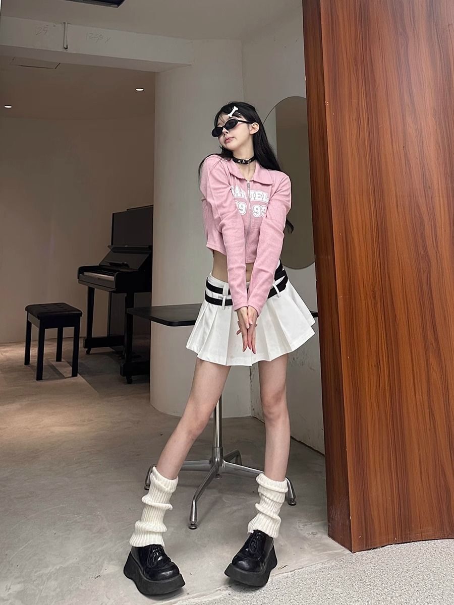 秋美式辣妹拉链设计感正肩长袖T恤上衣短款外套修身开衫女