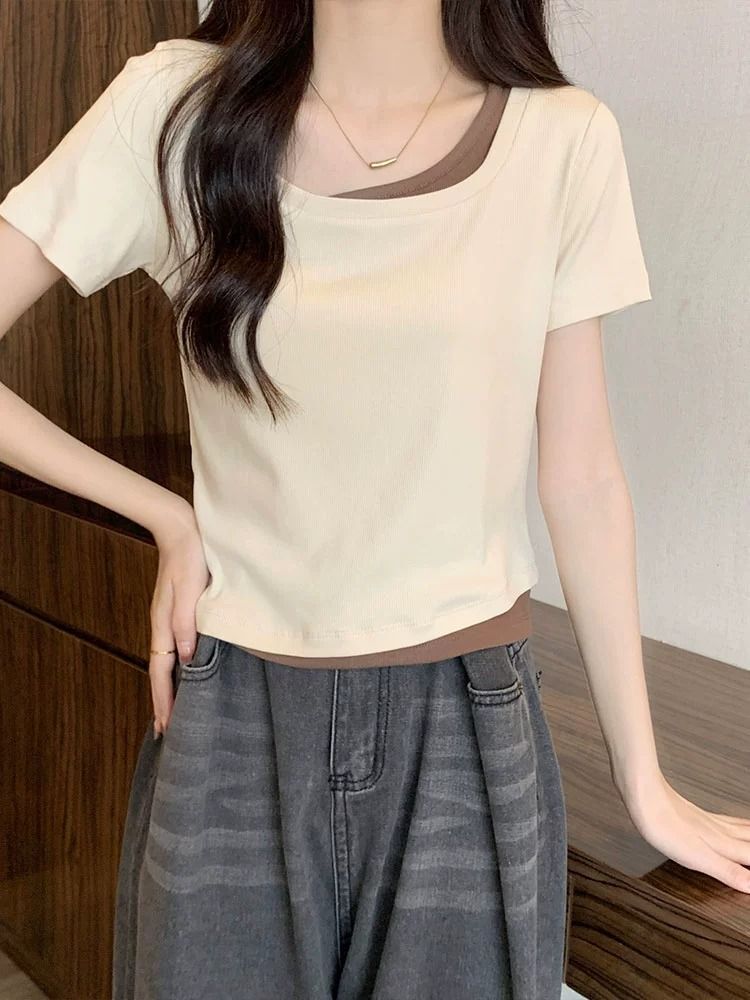 官图实价 方领撞色T恤女新款设计感小众假两件修身显瘦短袖上衣