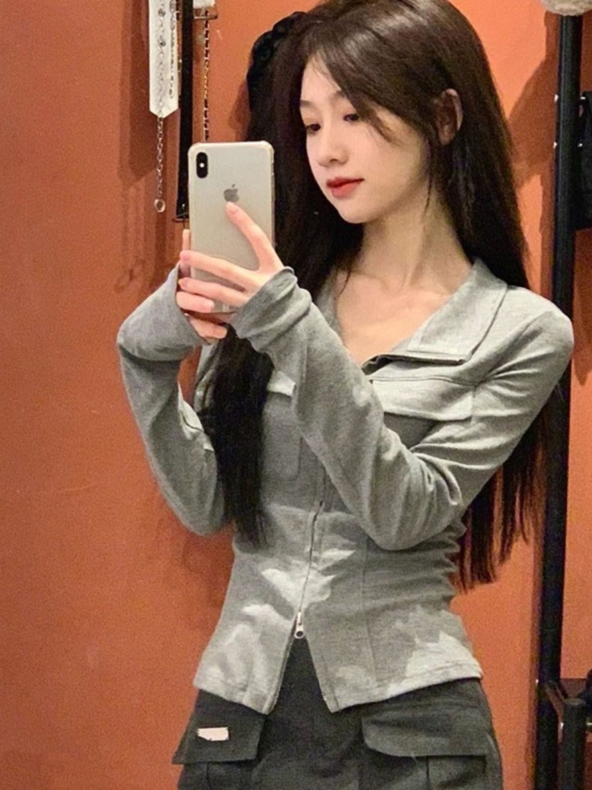 MR 螺纹 辣妹灰色双拉链polo领长袖t恤女秋冬收腰显瘦短