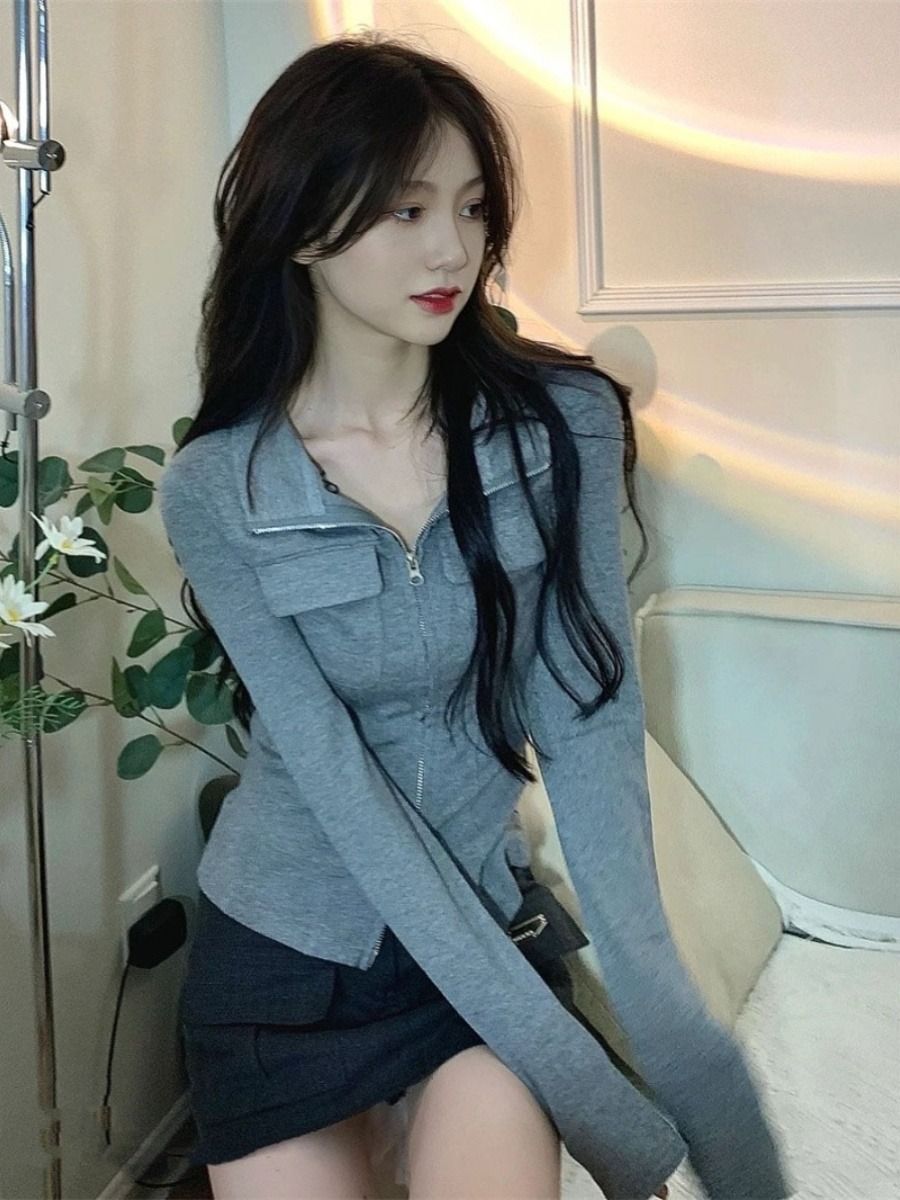 MR 螺纹 辣妹灰色双拉链polo领长袖t恤女秋冬收腰显瘦短