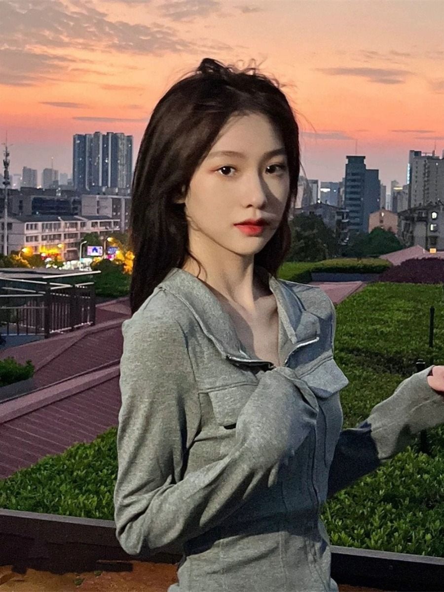 MR 螺纹 辣妹灰色双拉链polo领长袖t恤女秋冬收腰显瘦短