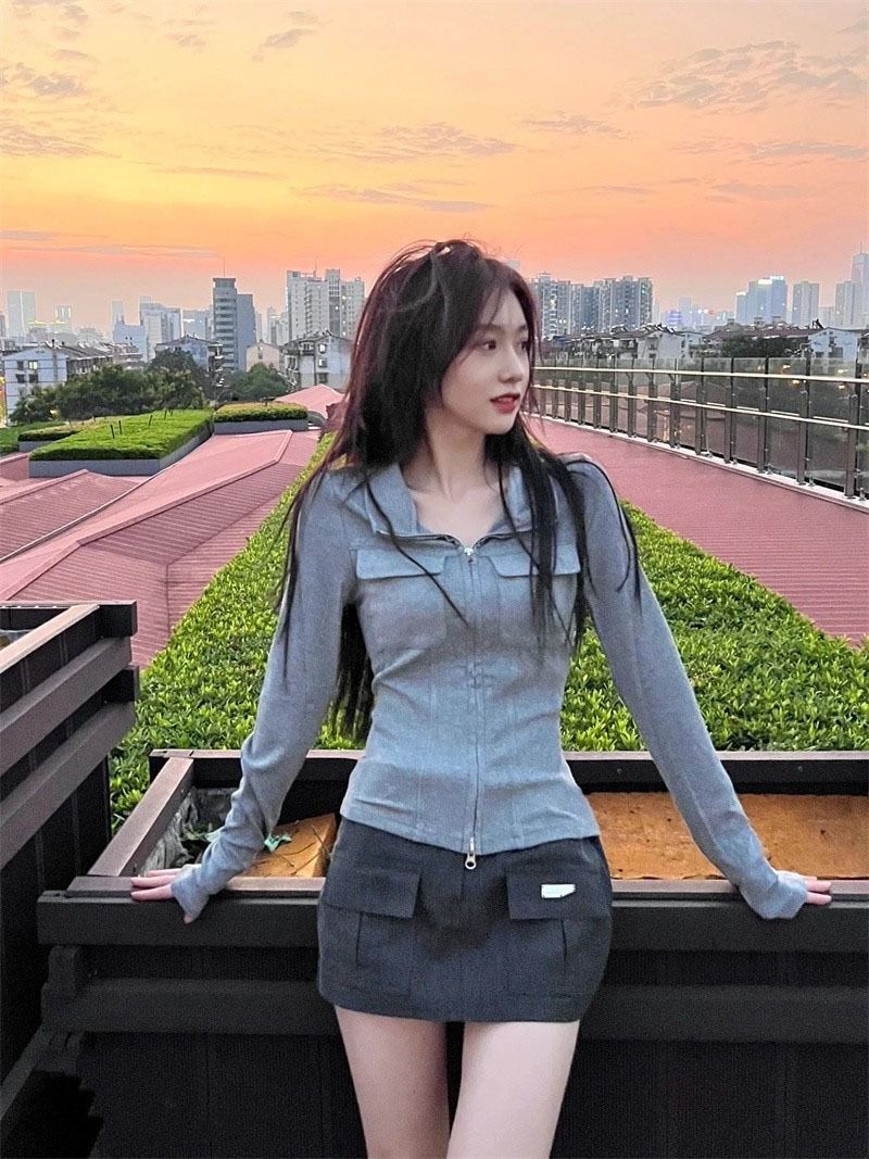 MR 螺纹 辣妹灰色双拉链polo领长袖t恤女秋冬收腰显瘦短