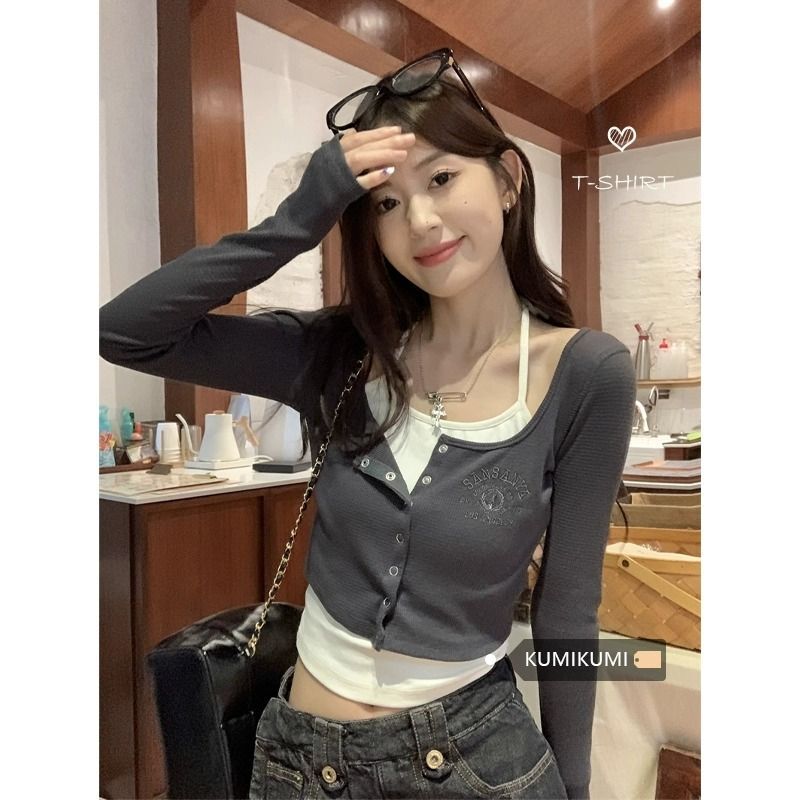 MR 别致假两件辣妹长袖T恤女秋季设计感小众修身显瘦短款上衣