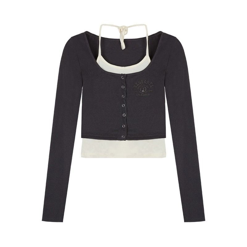 MR 别致假两件辣妹长袖T恤女秋季设计感小众修身显瘦短款上衣