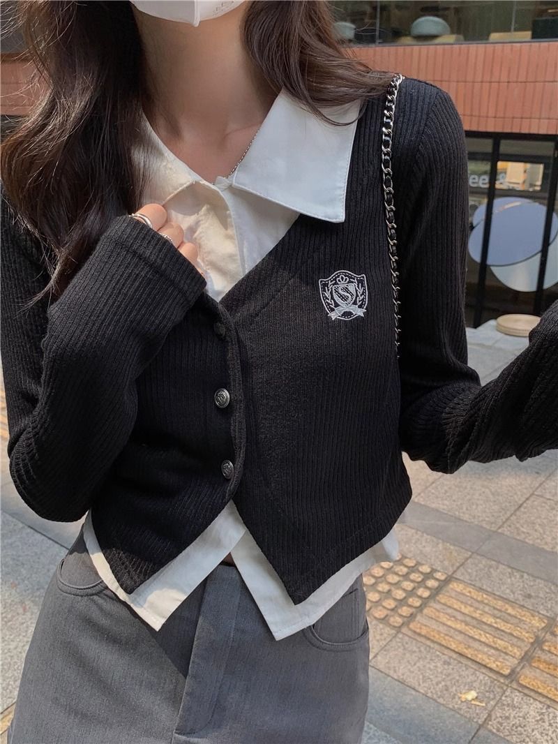 设计感小众辣妹假两件短款长袖上衣女秋季外穿修身显瘦针织衫外套