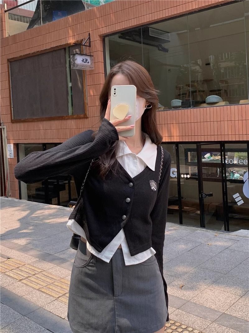 设计感小众辣妹假两件短款长袖上衣女秋季外穿修身显瘦针织衫外套