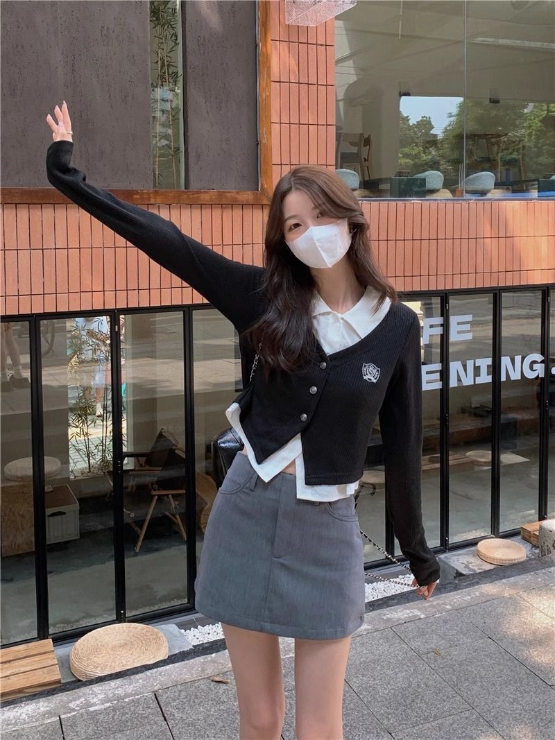 设计感小众辣妹假两件短款长袖上衣女秋季外穿修身显瘦针织衫外套