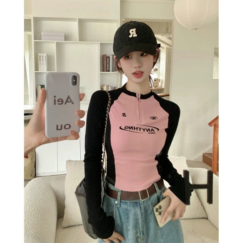 MR 现货 美式辣妹短款插肩袖t恤女秋季拉链字母修身拼接打底