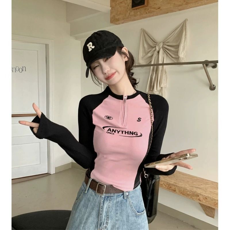 MR 现货 美式辣妹短款插肩袖t恤女秋季拉链字母修身拼接打底