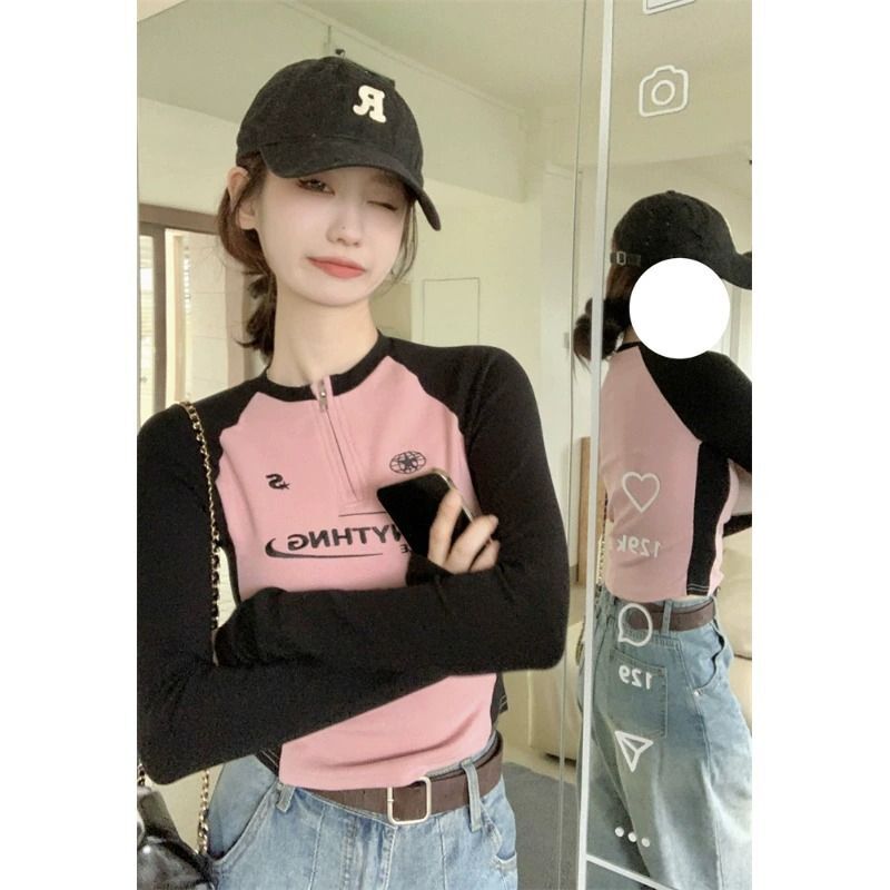 MR 现货 美式辣妹短款插肩袖t恤女秋季拉链字母修身拼接打底