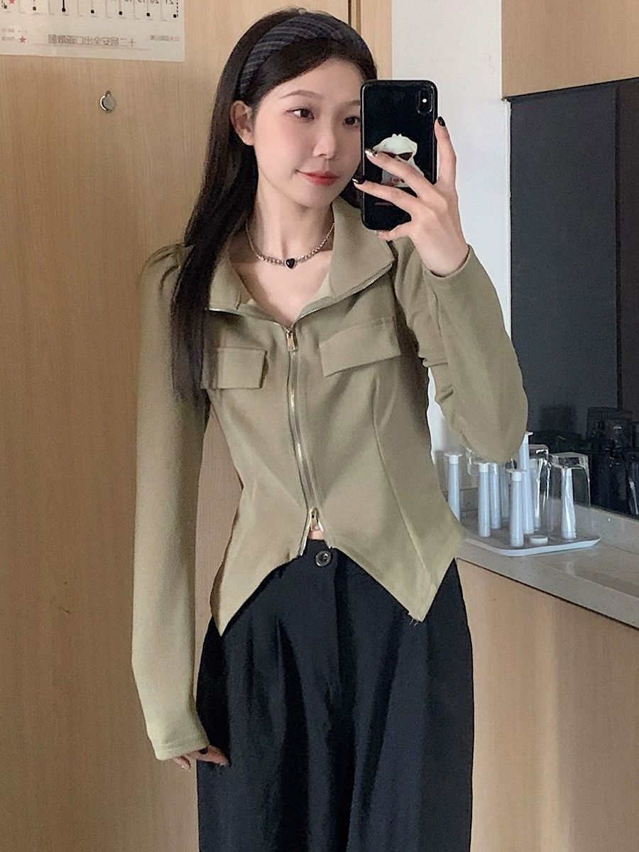 长袖t恤女秋装设计感小众胖MM短款不规则打底衫内搭别致上衣