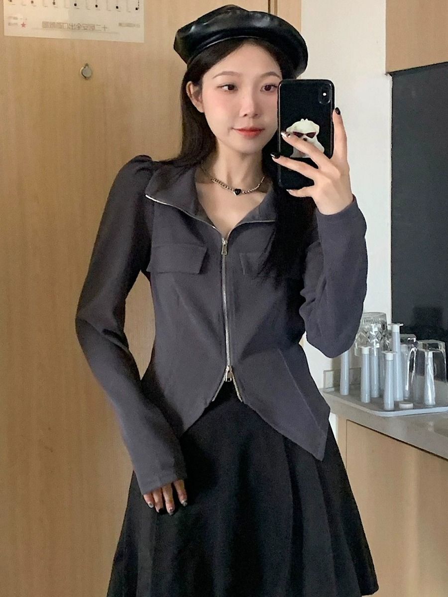 长袖t恤女秋装设计感小众胖MM短款不规则打底衫内搭别致上衣