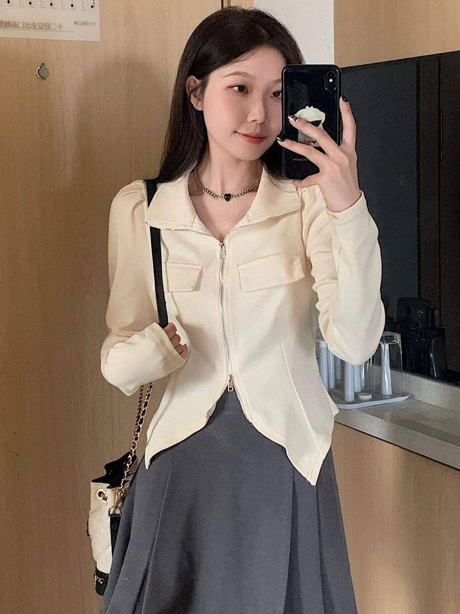 长袖t恤女秋装设计感小众胖MM短款不规则打底衫内搭别致上衣