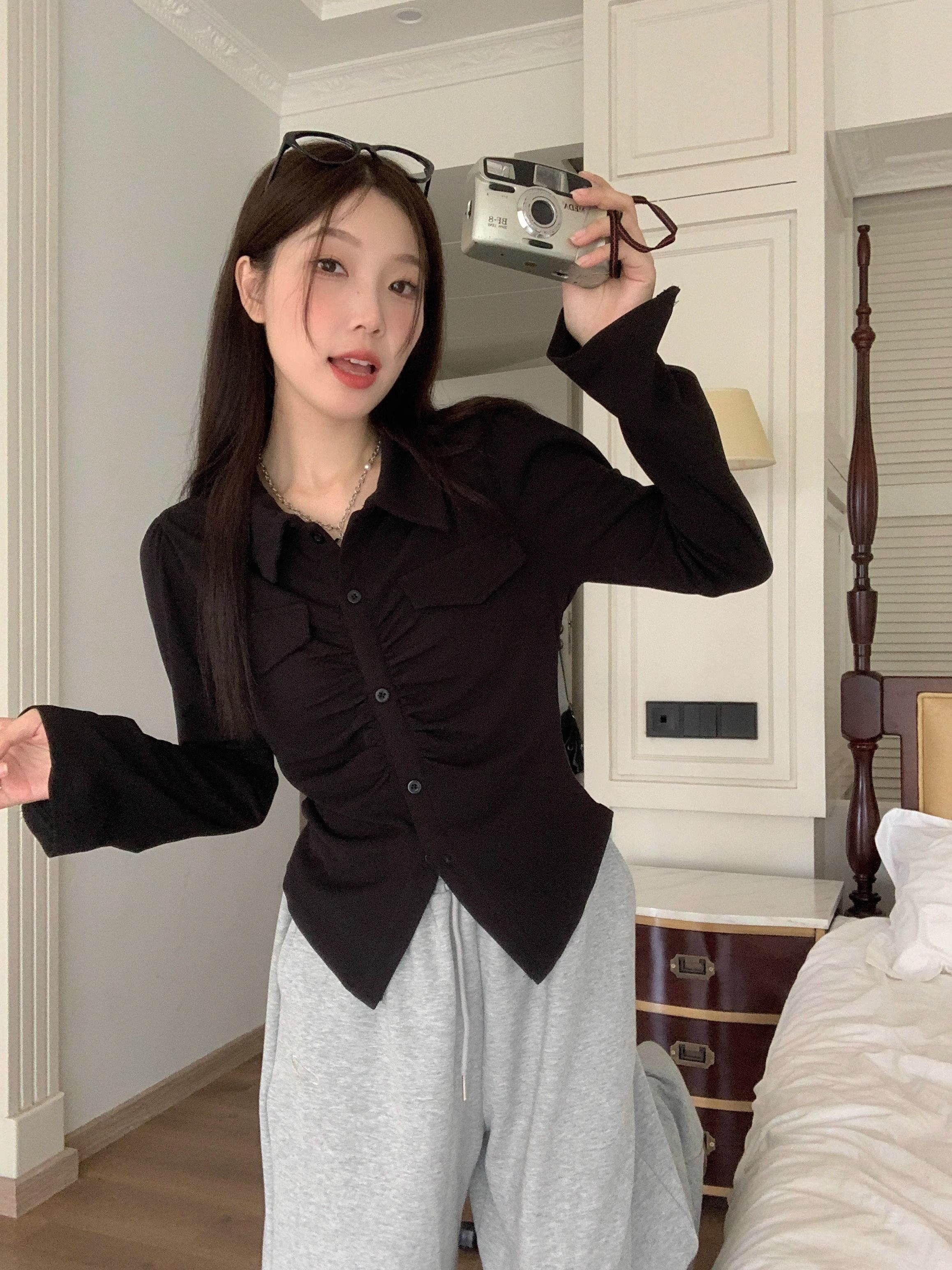 长袖正肩t恤女设计感小众秋季2023新款胖mm巨显瘦甜辣小上