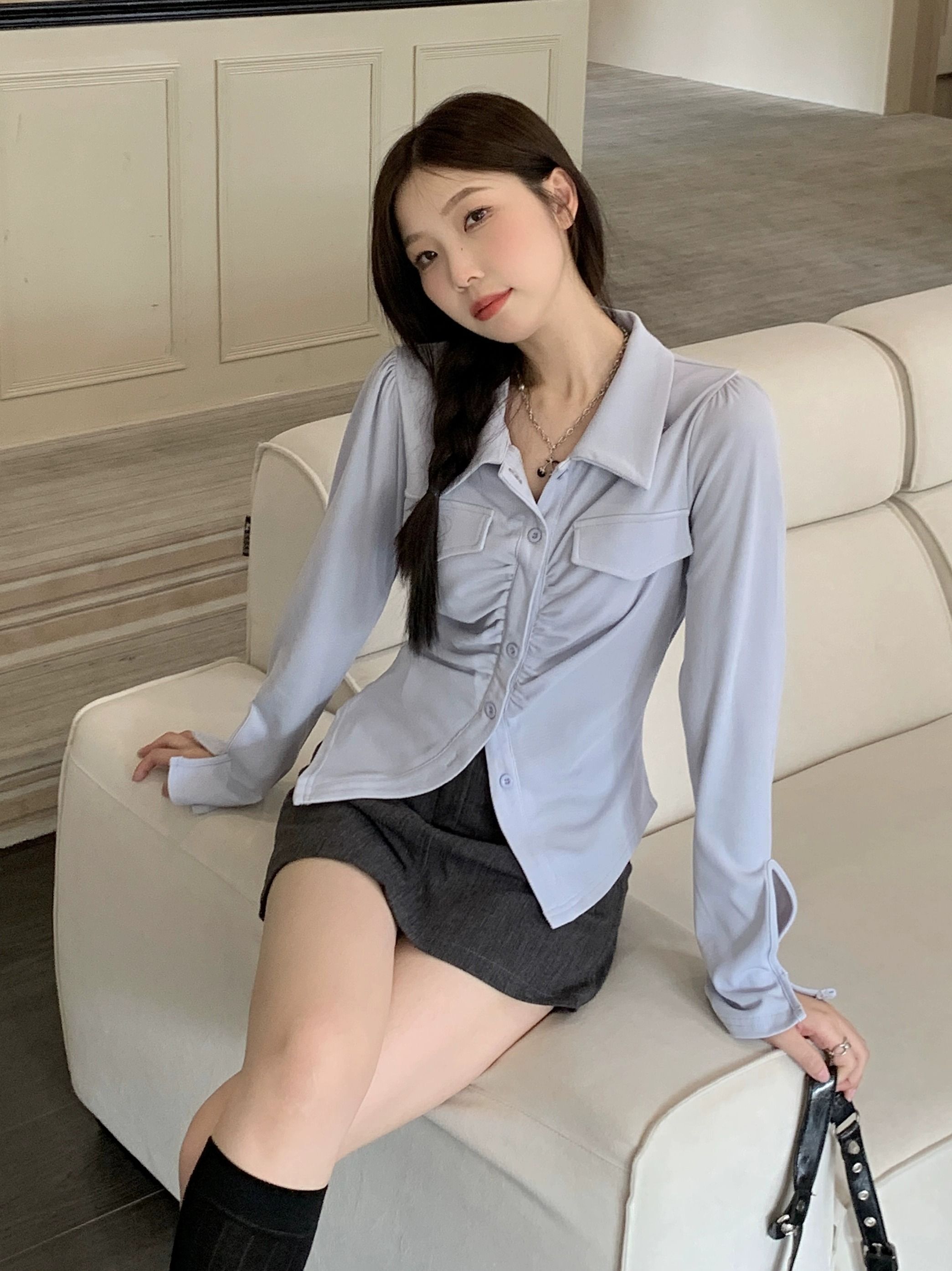 长袖正肩t恤女设计感小众秋季2023新款胖mm巨显瘦甜辣小上