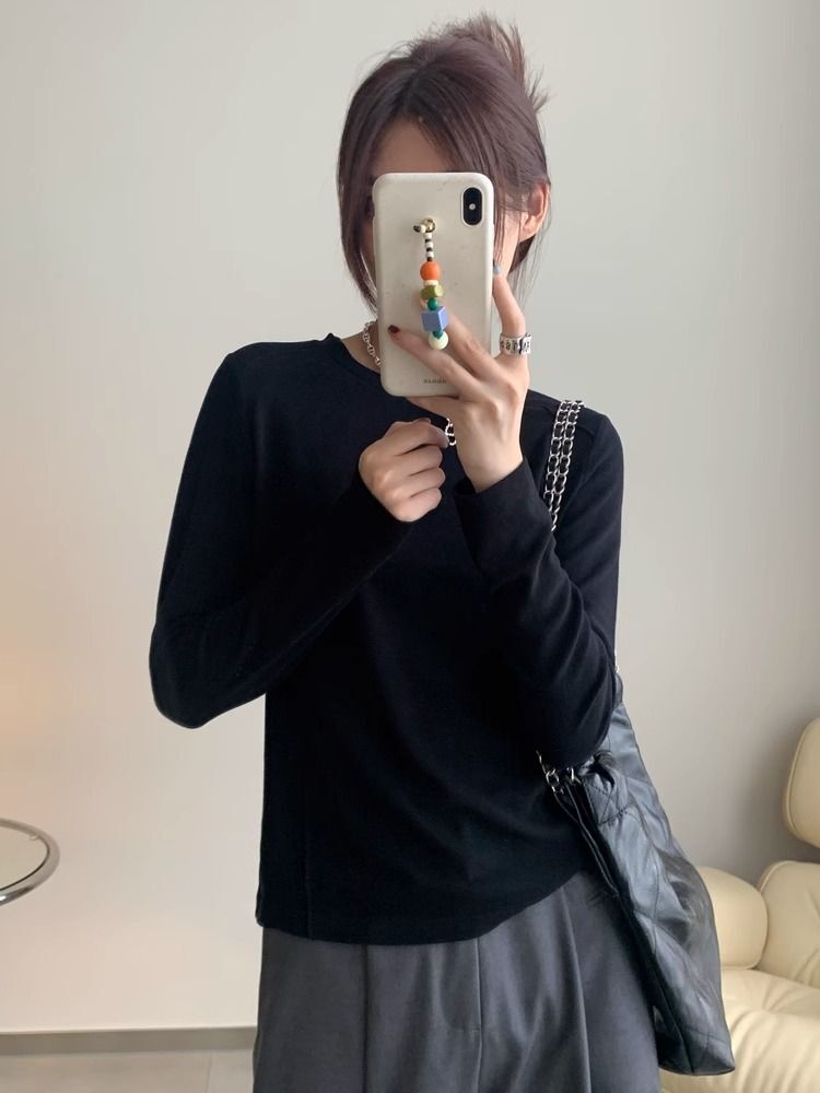 高级走线 鱼骨修身打底衫女秋冬内搭白色百搭显瘦长袖上衣