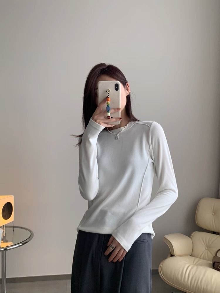 高级走线 鱼骨修身打底衫女秋冬内搭白色百搭显瘦长袖上衣