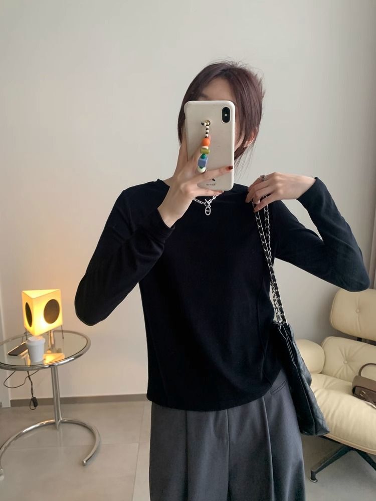 高级走线 鱼骨修身打底衫女秋冬内搭白色百搭显瘦长袖上衣