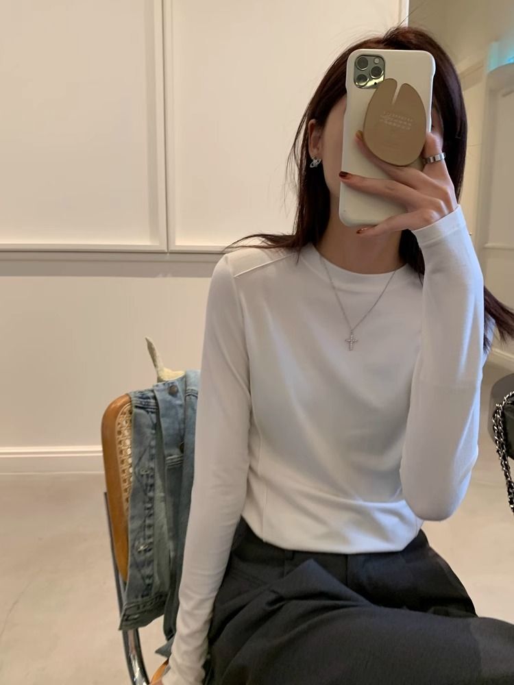 高级走线 鱼骨修身打底衫女秋冬内搭白色百搭显瘦长袖上衣