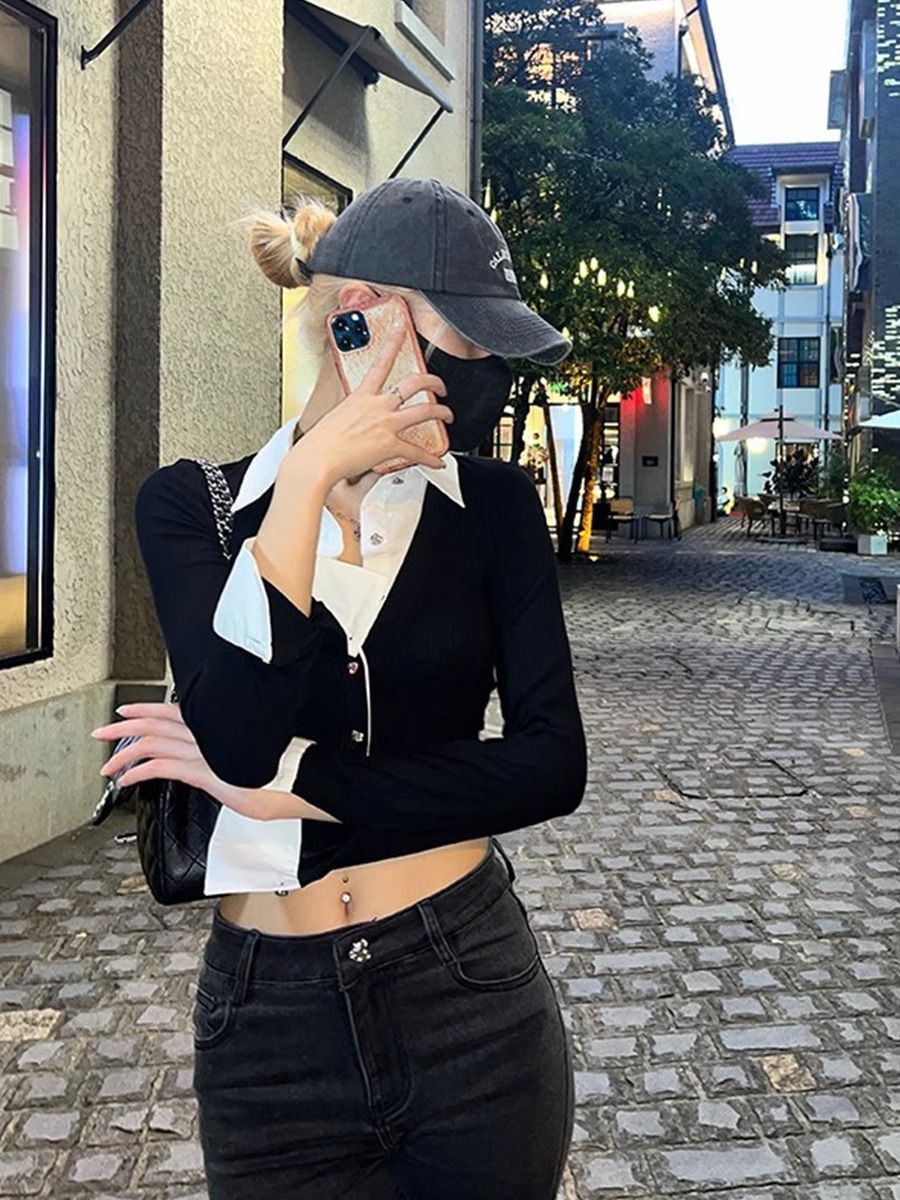 黑白撞色短款衬衫假两件针织开衫长袖修身上衣女秋