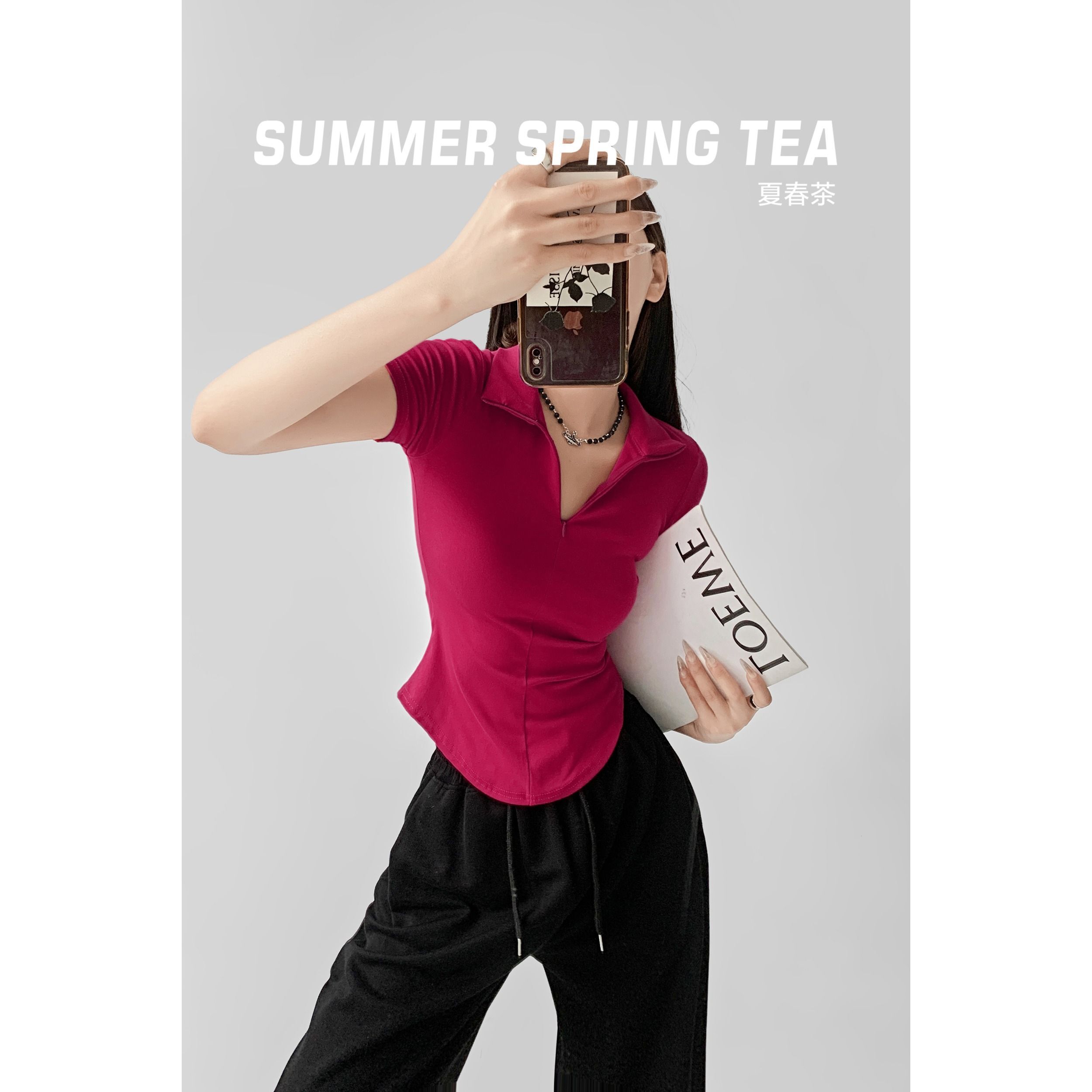 纯欲辣妹红色上衣女翻领修身短袖上衣显瘦纯色弹力收腰T恤