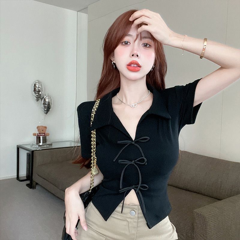 纯欲甜辣蝴蝶结polo领短袖t恤女夏季设计感小众法式短款正肩 纯欲甜辣蝴蝶结polo领短袖t恤女夏季设计感小众法式短款正肩