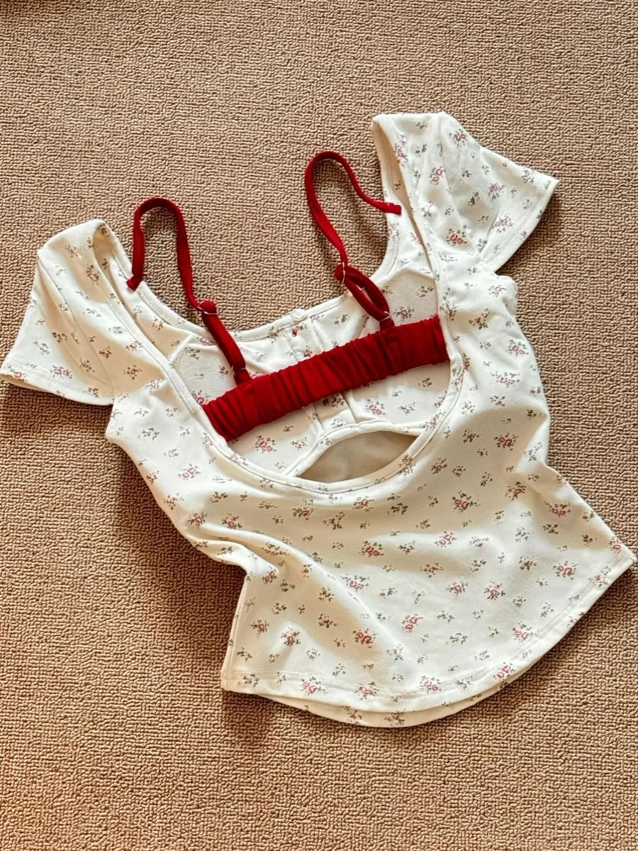 带胸垫 假两件短袖t恤女夏季新款设计感小众性感辣妹露背上