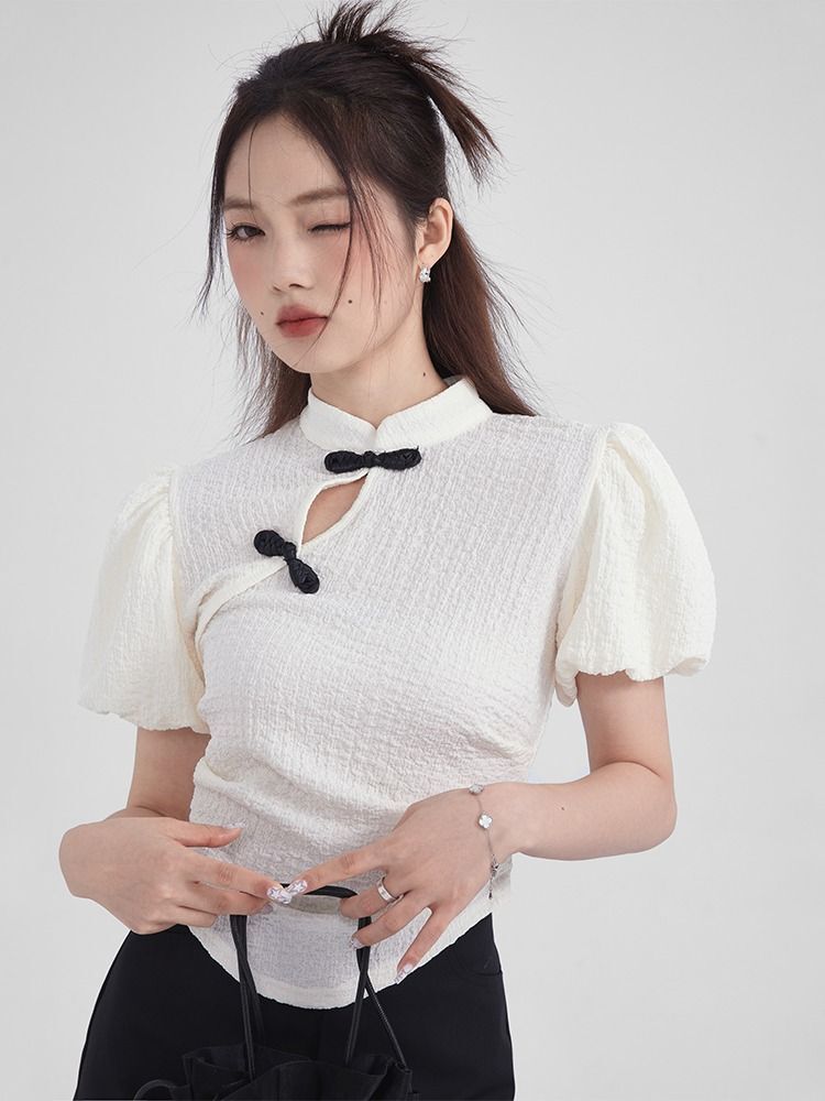 原版面料 法式短袖衬衫女新中式复古盘扣设计感小众修身上衣女 原版面料 法式短袖衬衫女新中式复古盘扣设计感小众修身上衣女