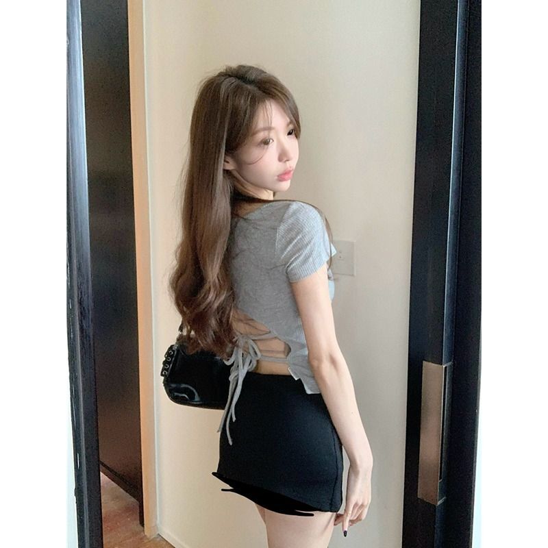 MR 莫代尔人棉2*2 纯欲灰色方领T恤女甜辣性感露背修身 MR 莫代尔人棉2*2 纯欲灰色方领T恤女甜辣性感露背修身