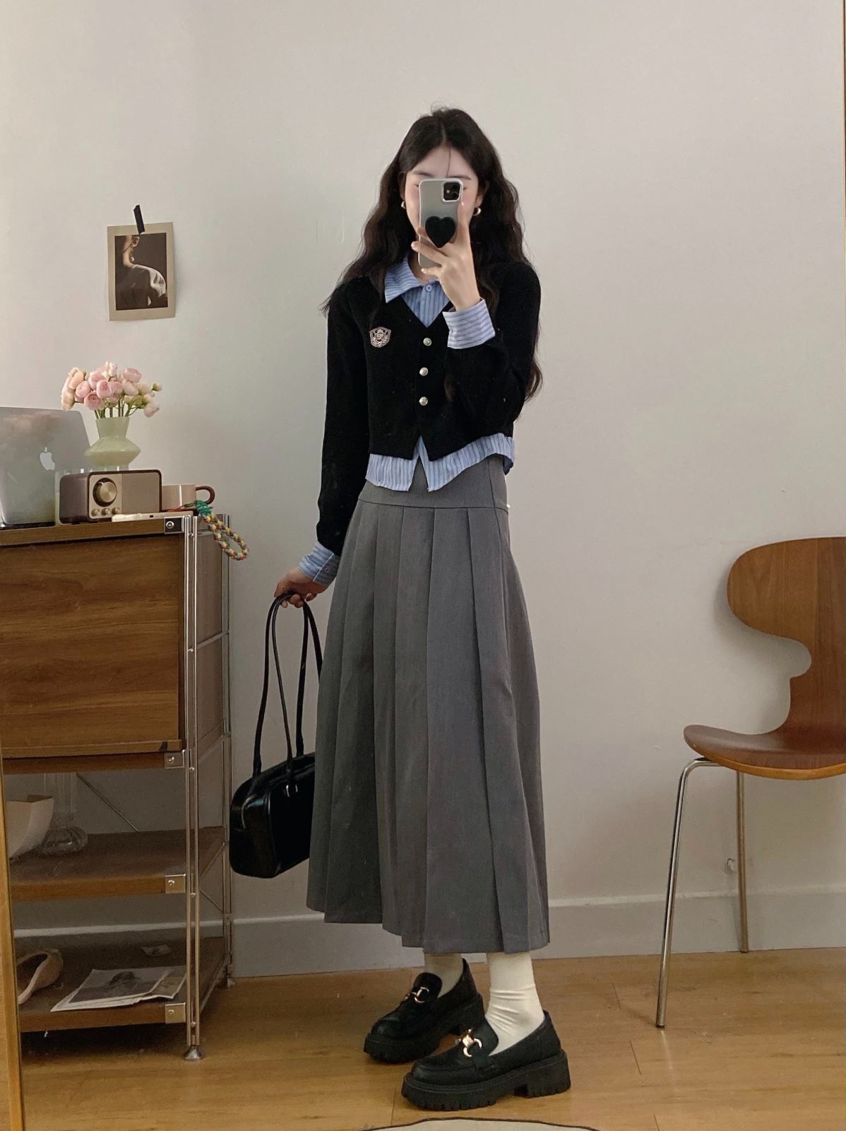 MR【原版做法】大码微胖mm学院风套装女秋季撞色假两件长袖上