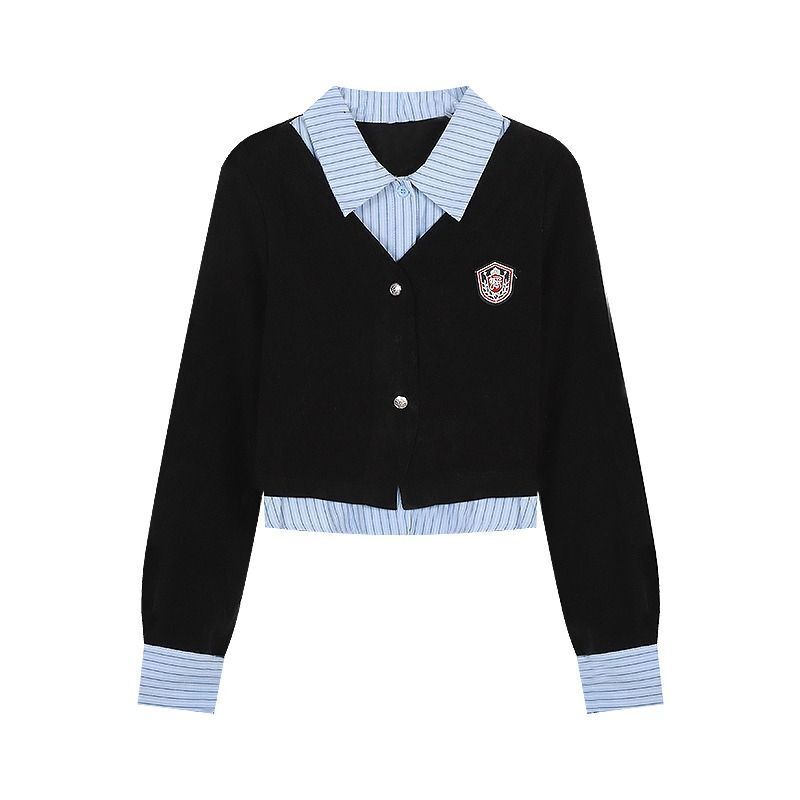 MR【原版做法】大码微胖mm学院风套装女秋季撞色假两件长袖上